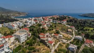 an aerial view of a town on a hill next to the ocean at Philoxenia Anemomilos in Andros