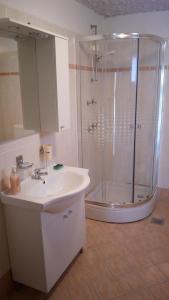 ein Badezimmer mit einer Dusche, einem Waschbecken und einer Badewanne in der Unterkunft Apartments Tatjana in Martinšćica