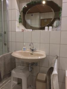 a bathroom with a sink and a mirror at Ferienwohnung Bachem in Hürtgenwald
