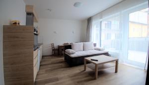 ein Wohnzimmer mit einem Sofa und einem Tisch in der Unterkunft Sunny, fully furnished Studio type with terrace in Pilsen