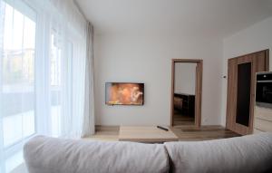 uma sala de estar com um sofá e uma grande janela em Sunny, fully furnished Studio type with terrace em Plzeň