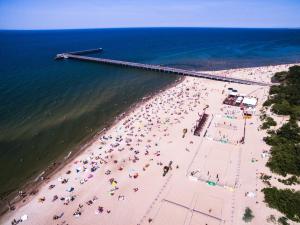 een uitzicht over een strand met een pier bij Villa Comfort in Palanga