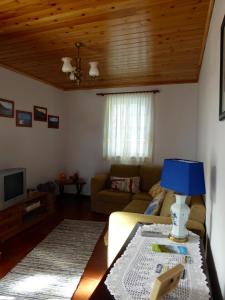 ein Wohnzimmer mit einer Couch und einem Tisch mit einer Lampe in der Unterkunft Azorean Cottage São Jorge in Cais da Urzelina