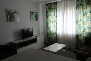 sala de estar con TV, sofá y ventana en Viviendas Uso Turístico Arzúa, en Arzúa
