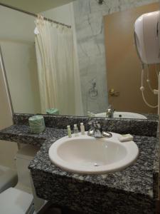 a bathroom with a sink and a toilet and a mirror at Red Carpet Inn Brooklyn in Brooklyn