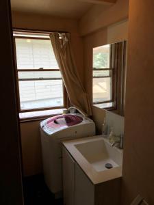 a small bathroom with a washing machine and a sink at Shanti Bungalow in Ogasawara
