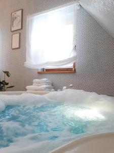 a bathroom with a bath tub with water in it at Ferienhaus Rosenhof in Weidenbach