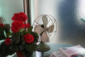a fan sitting on a table next to a vase of flowers at Pigal in Tarragona