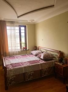 um quarto com uma cama e uma janela em Chekin Imereti em Kutaisi
