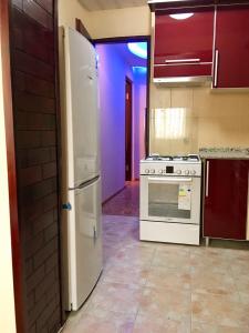 uma cozinha com um frigorífico branco e um fogão em Chekin Imereti em Kutaisi