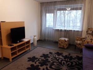 a living room with a television and a window at Laisves al. 7 in Kaunas