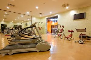 a gym with treadmills and exercise bikes and a mirror at Vitosha Park Hotel - Free Indoor Pool & Parking in Sofia +117 photos