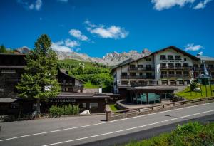 a building on the side of a road with a mountain at Hotel Monzoni - San Pellegrino in Passo San Pellegrino