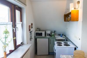 a small kitchen with a stove and a microwave at Ferienwohnung Lampe in Neustadt in Holstein
