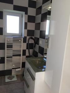 La salle de bains est pourvue d'un lavabo et d'une fenêtre. dans l'établissement La maison des canards, à Romorantin-Lanthenay
