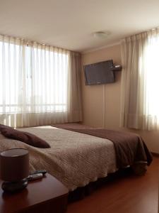 a bedroom with a bed and a flat screen tv at Apartments Bellas Artes in Santiago