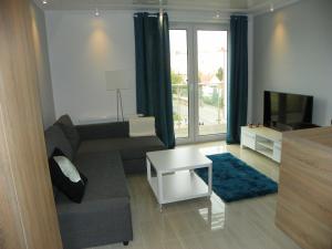 a living room with a couch and a tv at Sunny Apartment I in Koszalin