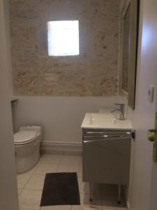 a bathroom with a toilet and a sink and a window at le Logis du Plessis in Chaniers
