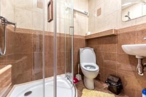 La salle de bains est pourvue de toilettes, d'un lavabo et d'une douche. dans l'établissement Cozy studio in the heart of the city, à Odessa
