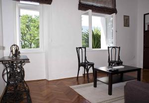 a living room with two chairs and a table and two windows at Apartment Dunja Djenovici in Herceg-Novi