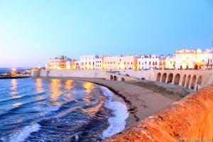 a view of a beach with buildings and the water at Bilocale Dillo alla luna in Gallipoli