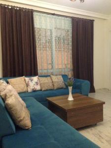 een woonkamer met een blauwe bank en een salontafel bij Zübeyde Hanım Homes in Izmir
