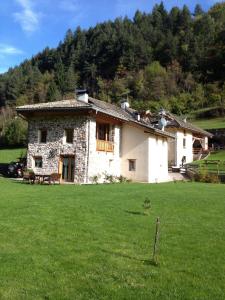 una pequeña casa de piedra en un campo de hierba en Maso Toneto, en Castello di Fiemme