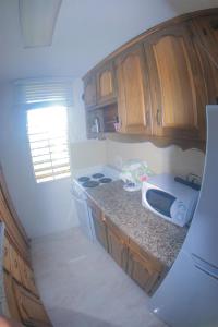 a small kitchen with a sink and a microwave at Beach Side Suite At Turtle Towers in Ocho Rios
