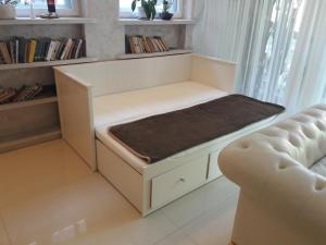 a dog bed in a living room with two chairs at Vilnius Luxury Apartment 3 in Vilnius
