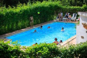 a group of people in a swimming pool with a frisbee at Les Chalets de Pierretoun in Labastide-Clairence