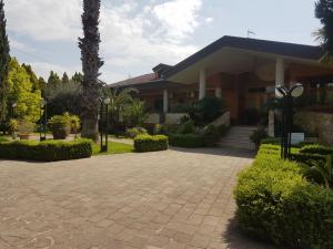a house with a palm tree and a brick driveway at Agriturismo Terre Delle Monache in Pontecagnano