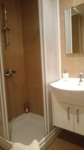 a bathroom with a shower and a sink at Aetius Apartments in Larnaca