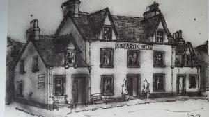 un disegno di un edificio con un cartello sopra di Kilmartin Hotel a Kilmartin