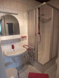 a small bathroom with a sink and a shower at Gästehaus Neises in Minden