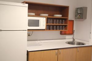 
a kitchen with a microwave, refrigerator, sink and dishwasher at Hostal Abodi in Pamplona
