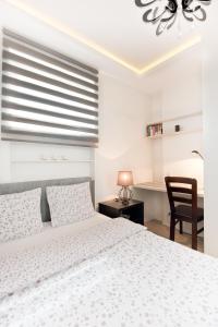 1 dormitorio con 1 cama y escritorio con silla en Nice Stay Apartment, en Toruń