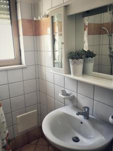 un bagno con lavandino, specchio e piante in vaso di SoleMareSalento Pt a Lido Marini