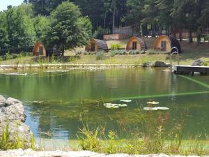 einem Teich mit einer Gruppe von Holzhütten in der Unterkunft Parque Biologico de Vinhais in Vinhais