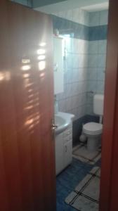 a bathroom with a toilet and a sink and a door at Apartma Tim Mušič in Črnomelj