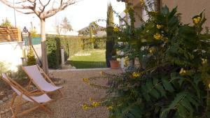 フォルカルキエにあるGite Les Trois Oliviersの黄色い花の茂みと椅子付きの庭園