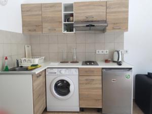 a kitchen with a washing machine and a sink at Sisifou Apartment in Korinthos