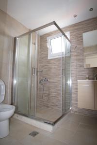 a bathroom with a shower with a toilet and a window at Xenia Stalis Apartments in Stalís