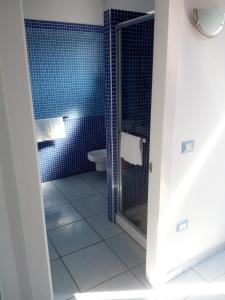 a bathroom with a toilet and a glass shower door at B&B Conca del Faro in Mattinata