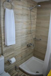 a bathroom with a shower with a toilet and a sink at Casa Di Nikolas in Mandoukáta