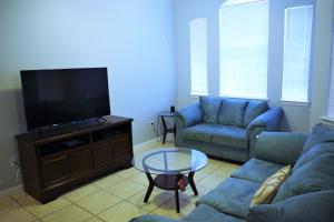 a living room with a couch and a flat screen tv at Walts Magical Getaway in Davenport