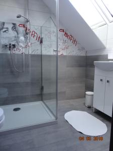 a bathroom with a shower and a sink and a toilet at Villa Cork in Dębki +70 photos
