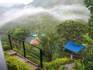 a misty mountain with a blue bench on a hill at finca Las Margaritas in La Vega