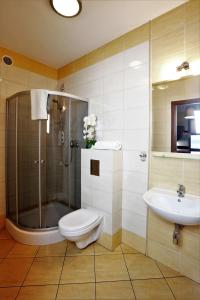een badkamer met een douche, een toilet en een wastafel bij Noclegi M4 in Żyrardów