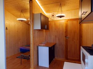 eine Küche mit Holzwänden und einer Theke in einem Zimmer in der Unterkunft Kempink U Šerifa in Protiwin