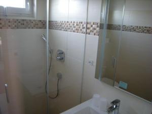 une salle de bain avec une douche avec un lavabo et un miroir dans l'établissement Sandstrand, à Wangerland 10 autres photos